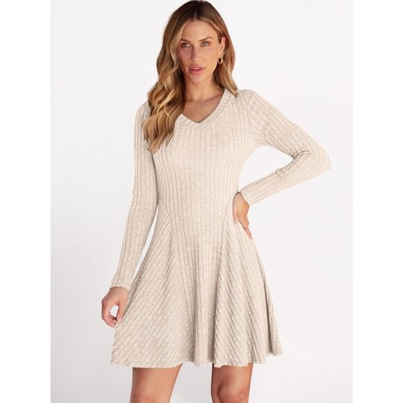 Women's Long Sleeve Ribbed Knit Short Dresses V Neck Swing Sweater Dress Beige - Picture 7 of 7